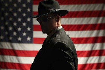 Silhouette of a man in a fedora with the usa flag in the background, evoking mystery