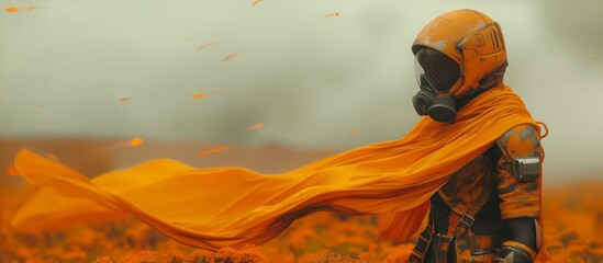 person in a  yellow floating fabric cape and gas mask standing it the field of yellow flowers. 