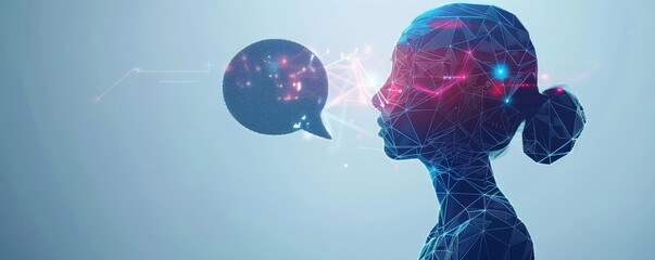 Geometric person with speech bubble, representing dialogue and technology