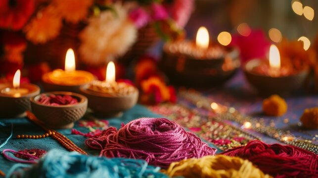 Rakhi crafting table with threads and beads, Indian decor around. Traditional decor enriches Rakhi making at warmly lit table.