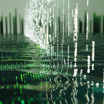 Binary code data flows through a circuit board.