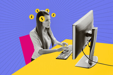 Creative retro 3d magazine collage image of busy lady earning money modern device isolated colorful background