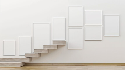 A contemporary gallery with a visually striking arrangement of eight differently sized plain white frames, creating a stair-step effect.