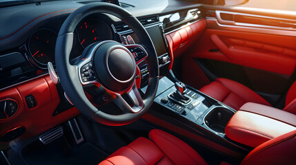 Interior of new modern SUV car with steering wheel shift lever and dashboard climate control speedometer display  Red leather interior : Generative AI