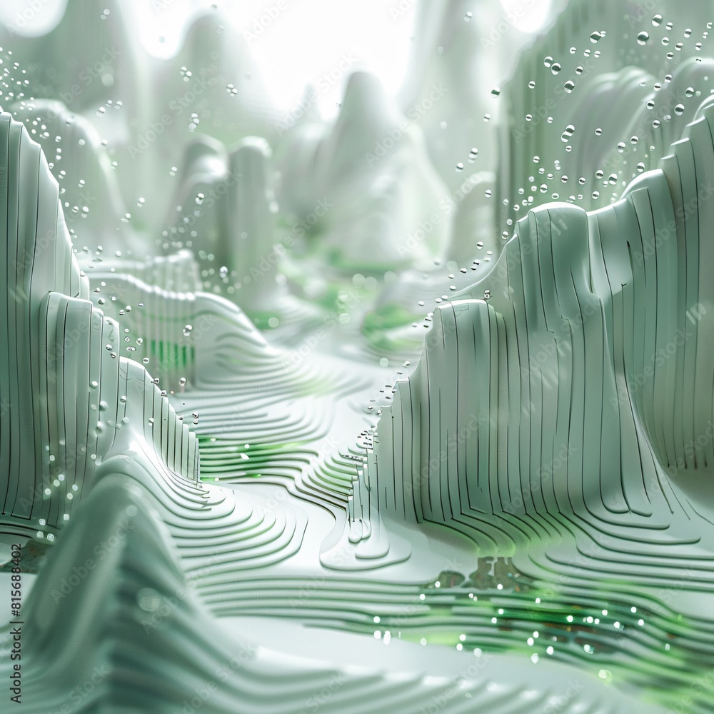 Poster the image is a 3d rendering of a mountainous landscape and data lake