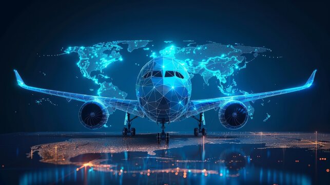 Glowing blue polygonal airplane and world map for global connectivity themes