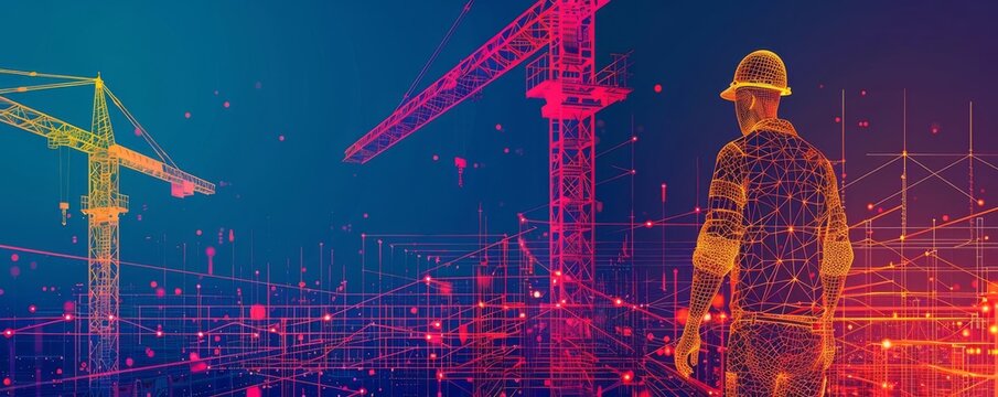 Glowing wireframe construction theme with cranes and a worker on a dark gradient background