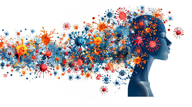 A woman's face is covered in a colorful, chaotic swirl of paint. The image is meant to convey a sense of confusion and disarray