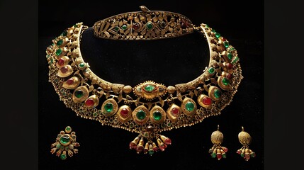 gold necklace with matching earrings. The necklace and earrings have red and green gems.