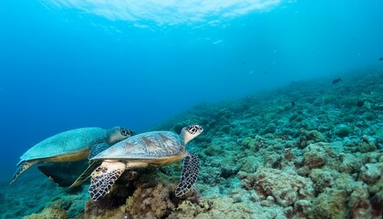 Obraz premium Turquoise Tranquility: Swimming Sea Turtles.Capturing Aquatic Life. Vivid Blue Ocean Serenity.sea, underwater, turtle, water, coral, nature, ocean, fish