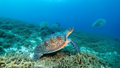 Obraz premium Turquoise Tranquility: Swimming Sea Turtles.Capturing Aquatic Life. Vivid Blue Ocean Serenity.sea, underwater, turtle, water, coral, nature, ocean, fish