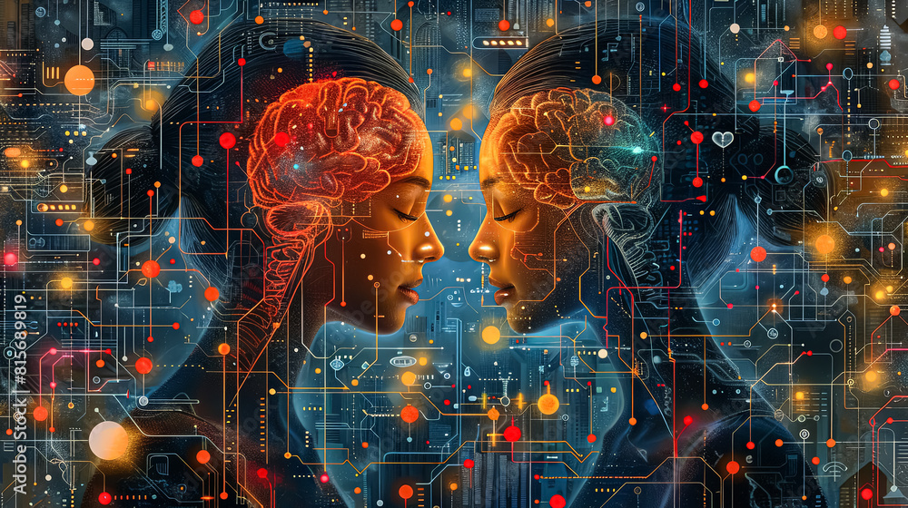 Poster two women's faces are shown in a computer generated image. the faces are surrounded by a network of 