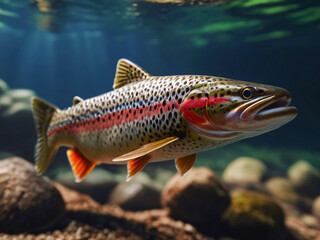 Fototapeta premium Trout Swimming Hunting For Food In Its Natural Habitat Underwater Photography Style 300 PPI High Resolution Image