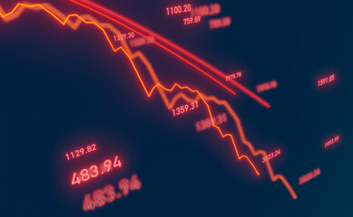 Fototapeta premium Falling stock market chart, reflection and defocus. Recession, crisis, bear market, crash, depression era, negative, weak business.