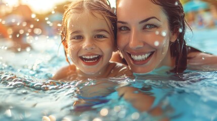 Joyful Mother and Daughter Enjoying Time Together in Sunlit Pool. Generative ai