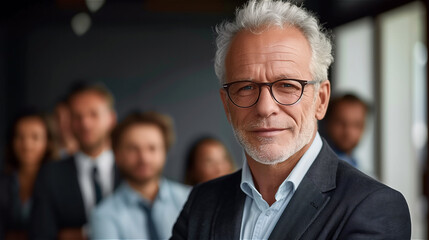 Confident senior businessman stands in front of his team