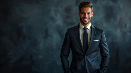 Fototapeta premium Handsome man in suit smiling with hands in pockets standing on dark background