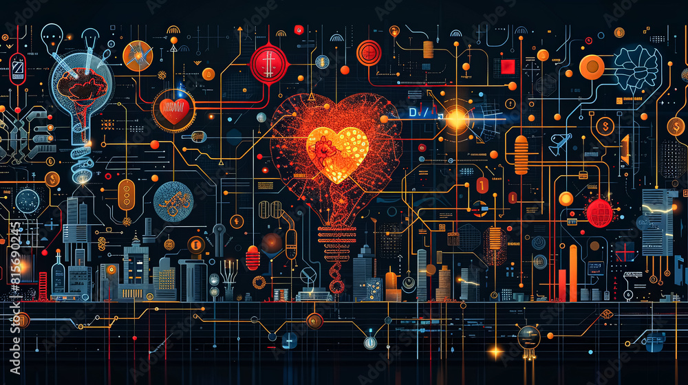 Poster a colorful image of a heart surrounded by a network of wires and lights. the heart is surrounded by 