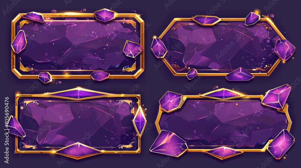Poster overlay panels and buttons for game streaming. modern cartoon set of livestream frames with purple c