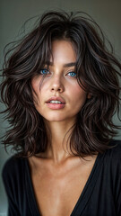 Fototapeta premium A Mesmerizing Gaze: Woman with Dark Bangs Holds Viewers Captive