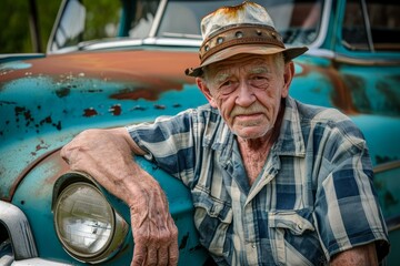 Elderly man in a hat, posing beside a classic, rusty pickup truck - Powered by Adobe