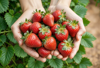 A person holding a bunch of strawberries that have a green leaf - Powered by Adobe