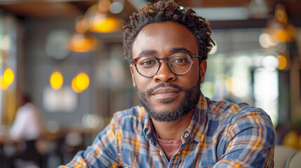 Obraz premium A man with glasses and plaid shirt sits at restaurant table
