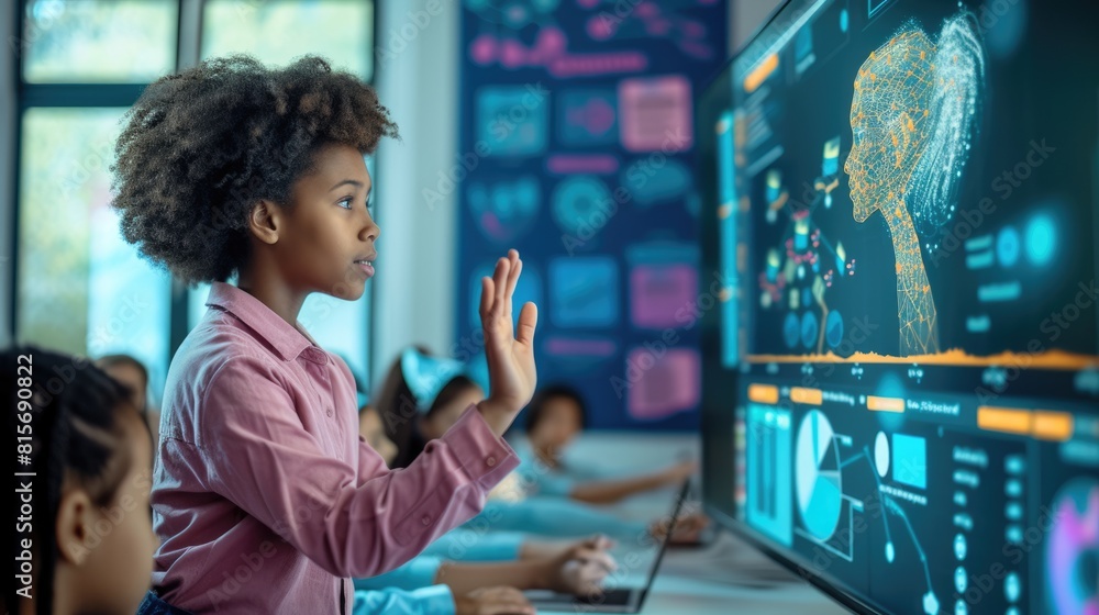 Poster skilled teacher teaching ai to diverse elementary student at digital classroom. smart multicultural 