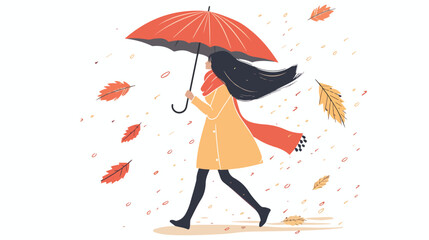 Woman walking under umbrella in autumn. Happy girl
