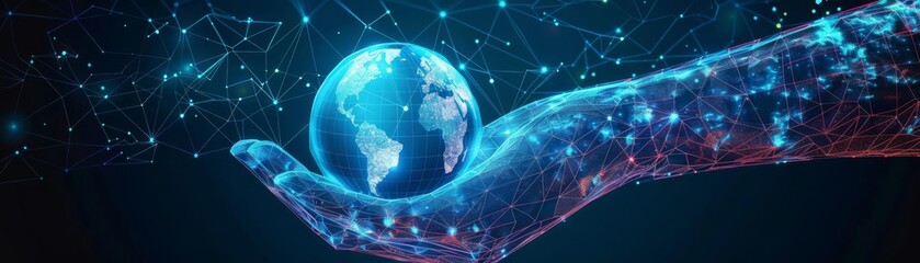 Fototapeta premium Lowpoly hand with a digital globe, symbolizing global technology and connectivity