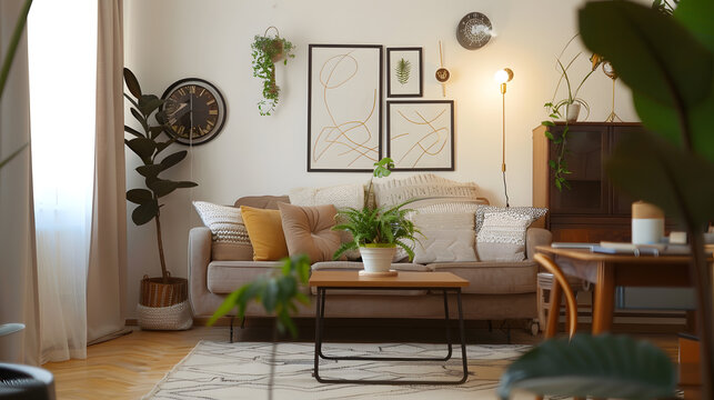 Modern living room interior with mock up poster frame brown sofa wooden coffee table patterned rug round clock plants beige ccurtain desk and personal accessories Home decor Template : Generative AI