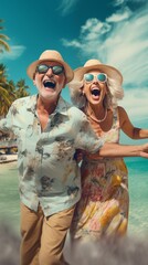 Happy elderly man and woman elderly retired couple vacationing at the sea. AI generated
