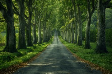 Fototapeta premium Poplar Tree Lined Road: Symmetrical rows of trees along a country road. 
