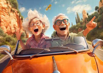 Happy senior couple having fun driving on new convertible car