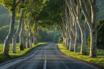Naklejka premium Poplar Tree Lined Road: Symmetrical rows of trees along a country road. 