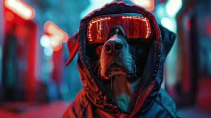Style Cyberpunk dog in the city during the day with a hoodie and digital glasses. AI generated image