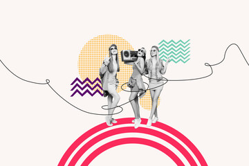 Composite collage picture image of dancing three young girls boombox have fun discotheque shopping...