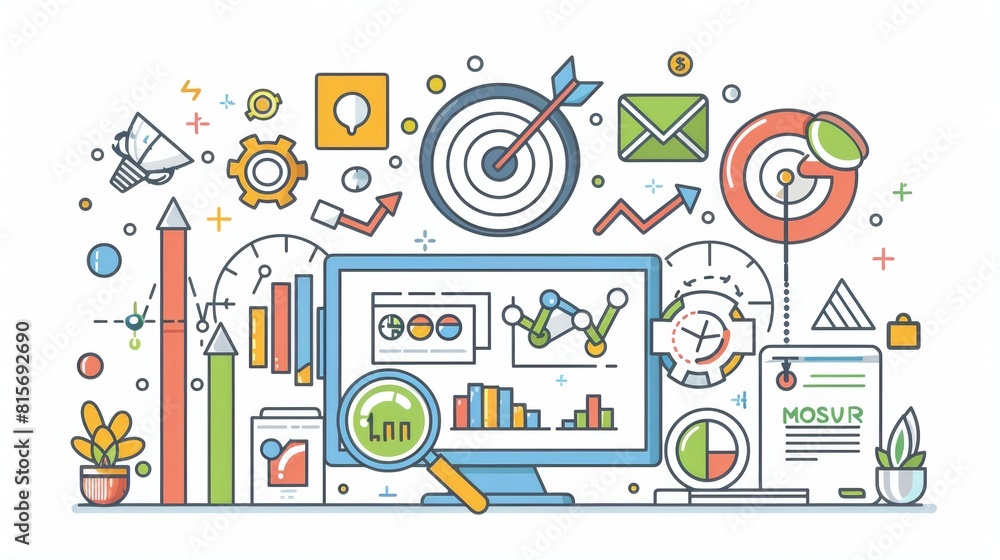 Poster the seo optimization line art landing page consists of an abstract business concept, illustrations, 
