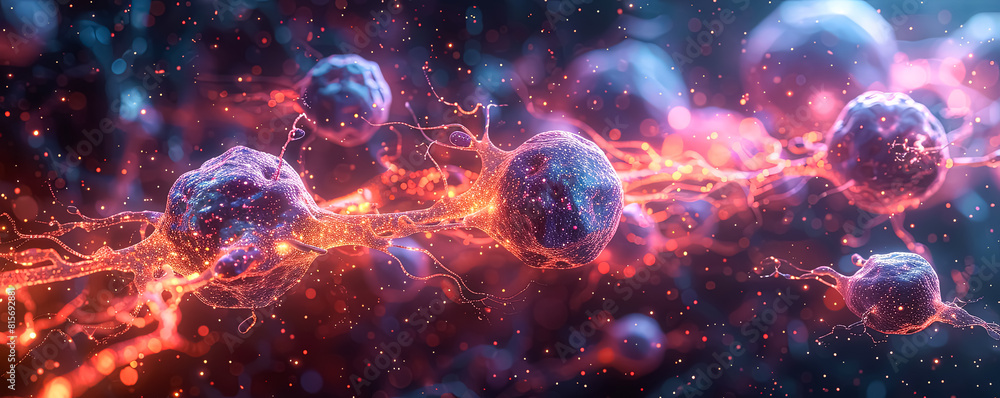 Poster a close up of a brain with many neurons and a lot of red and orange. the image is abstract and has a