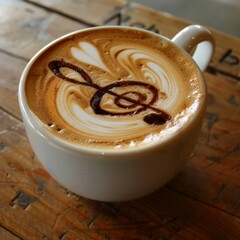  cup of coffee with musical note symbol on frothy surface 