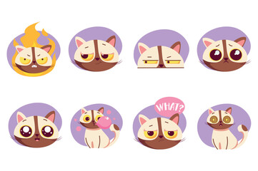 Set of stickers Funny Sweet-tooth cat in flat cartoon design. An adorable cute cat showing different emotions is featured in this illustration on a light background. Vector illustration.