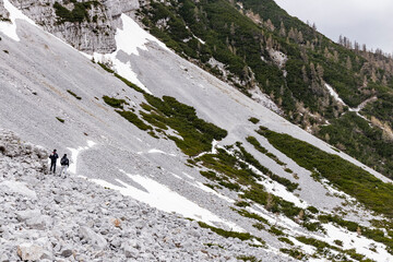 Begunjščica panorama of mountain trekking to the highest peak. View of the Alps, climbing with...