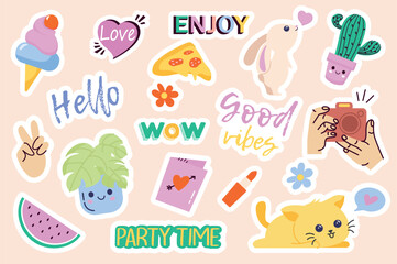 Set of stickers Beautiful stickers for notebook in flat cartoon design. These stickers are made in a charming style with images of various cute objects on a soft background. Vector illustration.