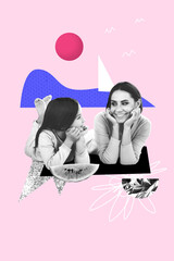 Creative poster abstract collage of mommy girl spend free time together eat slice watermelon