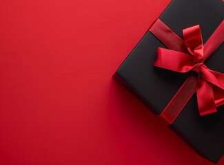 Black gift box with a red ribbon on the right side of a red background, viewed from above