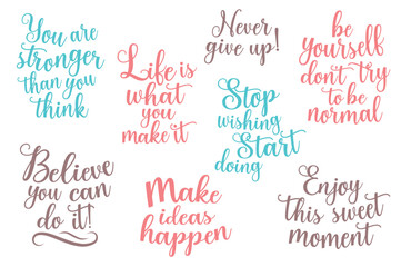 Set of stickers Calligraphic text in flat cartoon design. This image contains motivational and inspirational phrases written in calligraphic font and in pastel colors. Vector illustration.