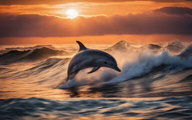 Dolphin jumping over ocean waves at sunset