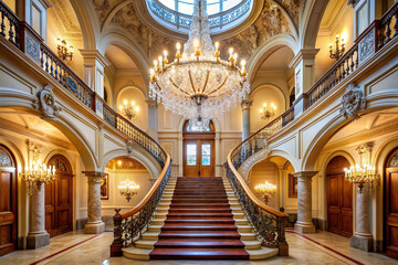 A grand staircase with arched ceilings and crystal chandeliers, epitomizing timeless elegance.