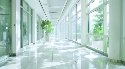 Empty corridor in modern office building with green tree outside the window : Generative AI - Powered by Adobe