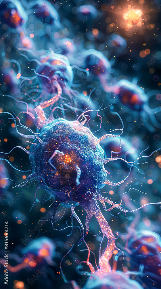 Poster a colorful image of a virus with a blue and pink color scheme. the image is of a cell with a virus i